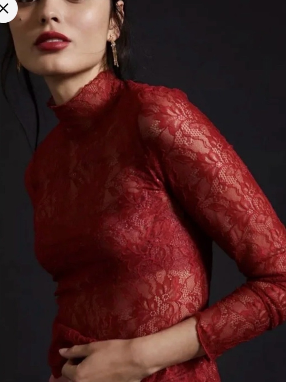 Anthropologie Red Lace Long-Sleeve Mock Neck Top small